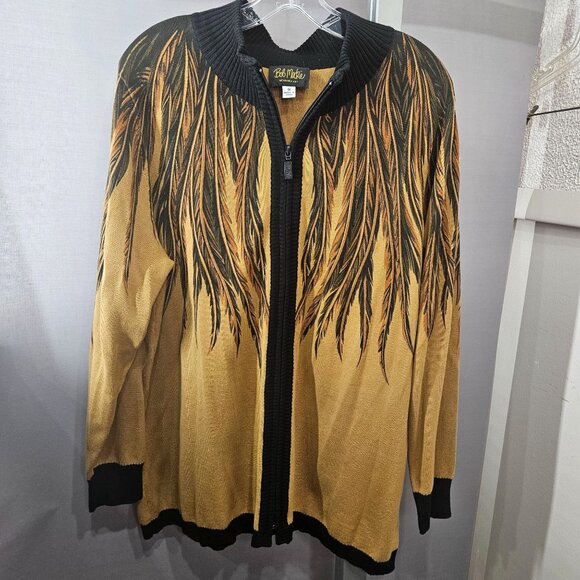 Bob Mackie Cardigan Sweater Plus 1X Wearable Art Feather Zip-Up Ribbed Knit - Picture 8 of 10